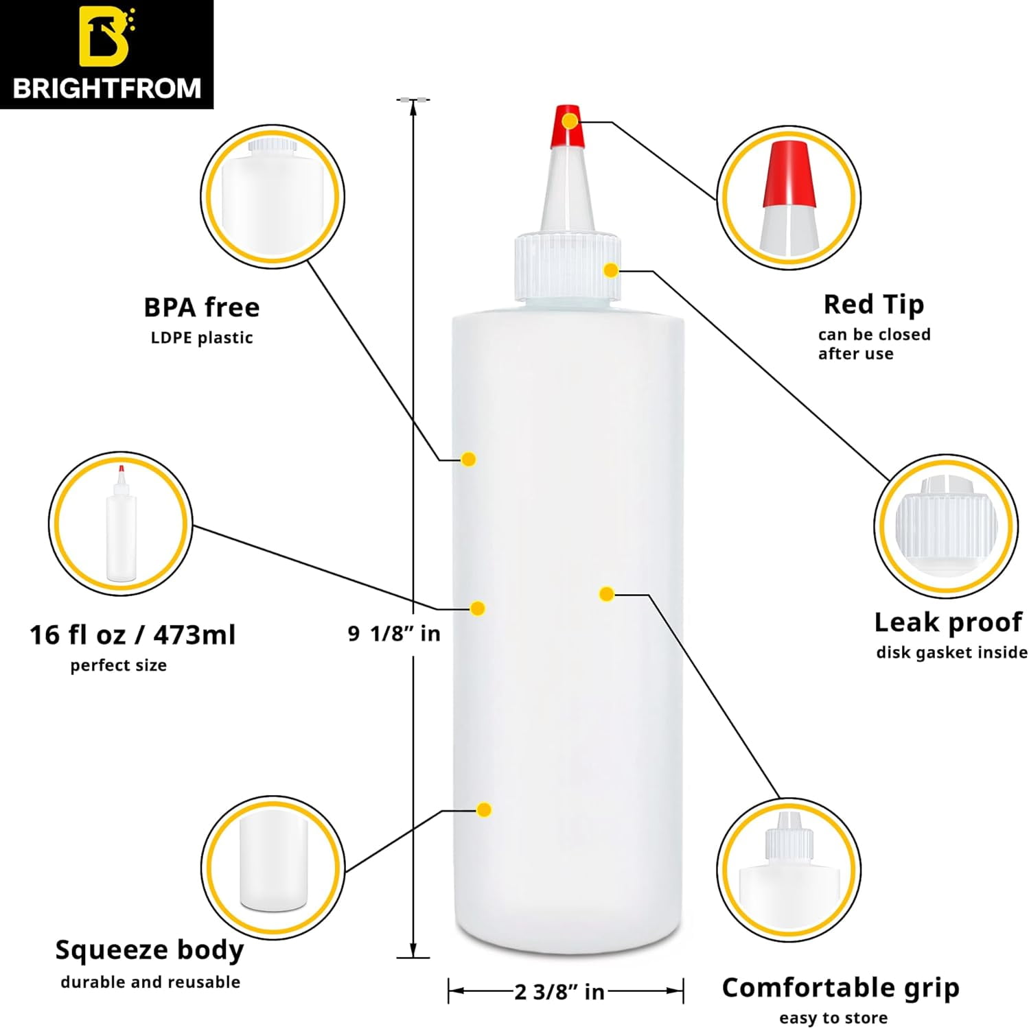 Empty Squeeze Bottles 16 OZ, 4 PACK Squirt Containers with Red Top, BPA Free for Condiments, Syrup, Ketchup, Sauces, Dressing, Oil, Honey | Arts and Crafts - Leak Proof Kitchen