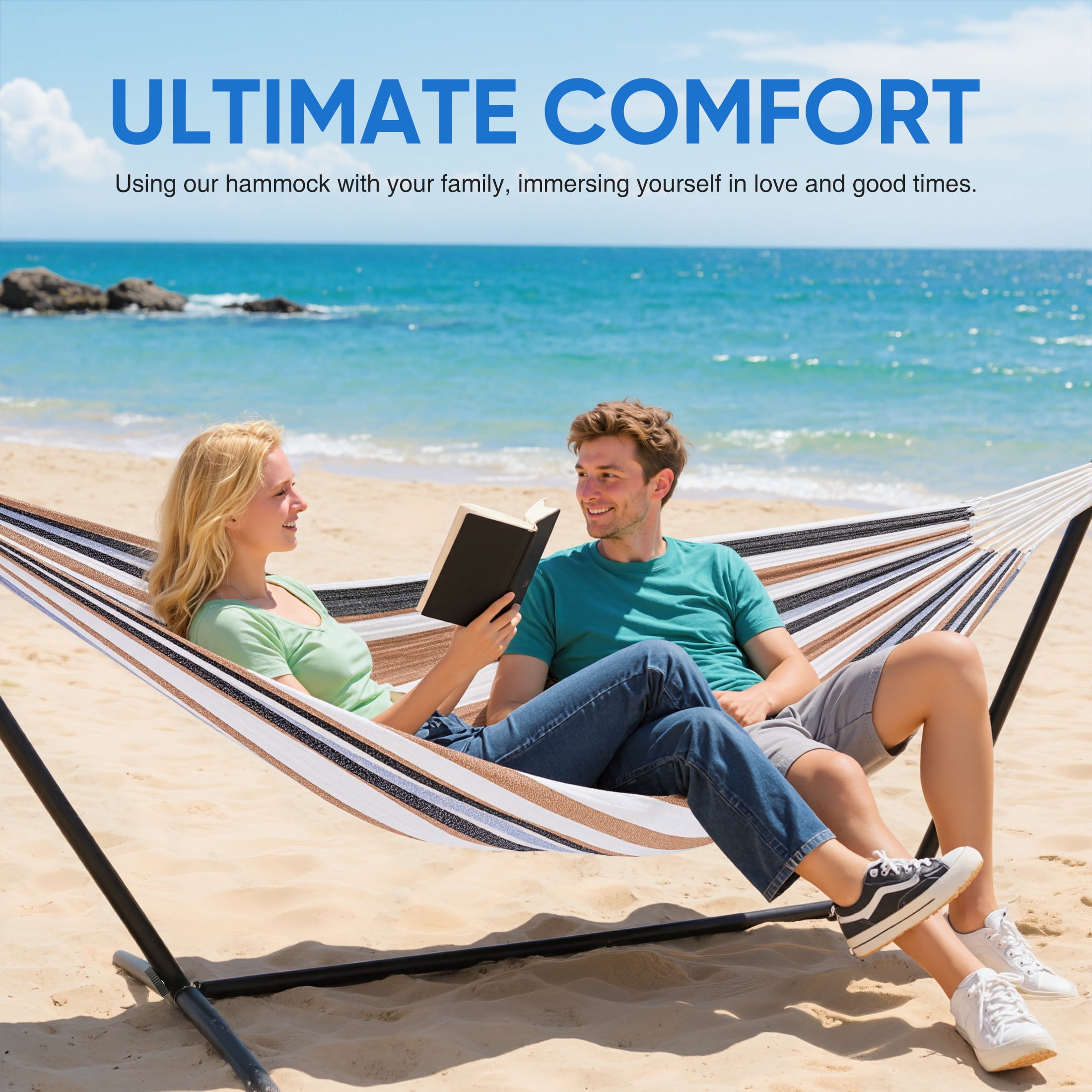 EDX Double Hammock with Space Saving Steel Stand, 2 Person Heavy Duty Outdoor 450lb Capacity Standing Hammocks, Upgraded Polyester End Strings, Portable Carrying Bag Included, Coffee Stripes