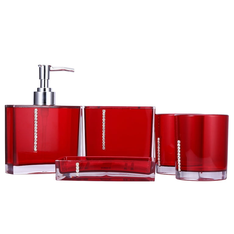 Dracelo 4-Piece Bathroom Accessory Set with Toothbrush Holder, Toothbrush Cup, Soap Lotion Dispenser, Soap Dish in Red