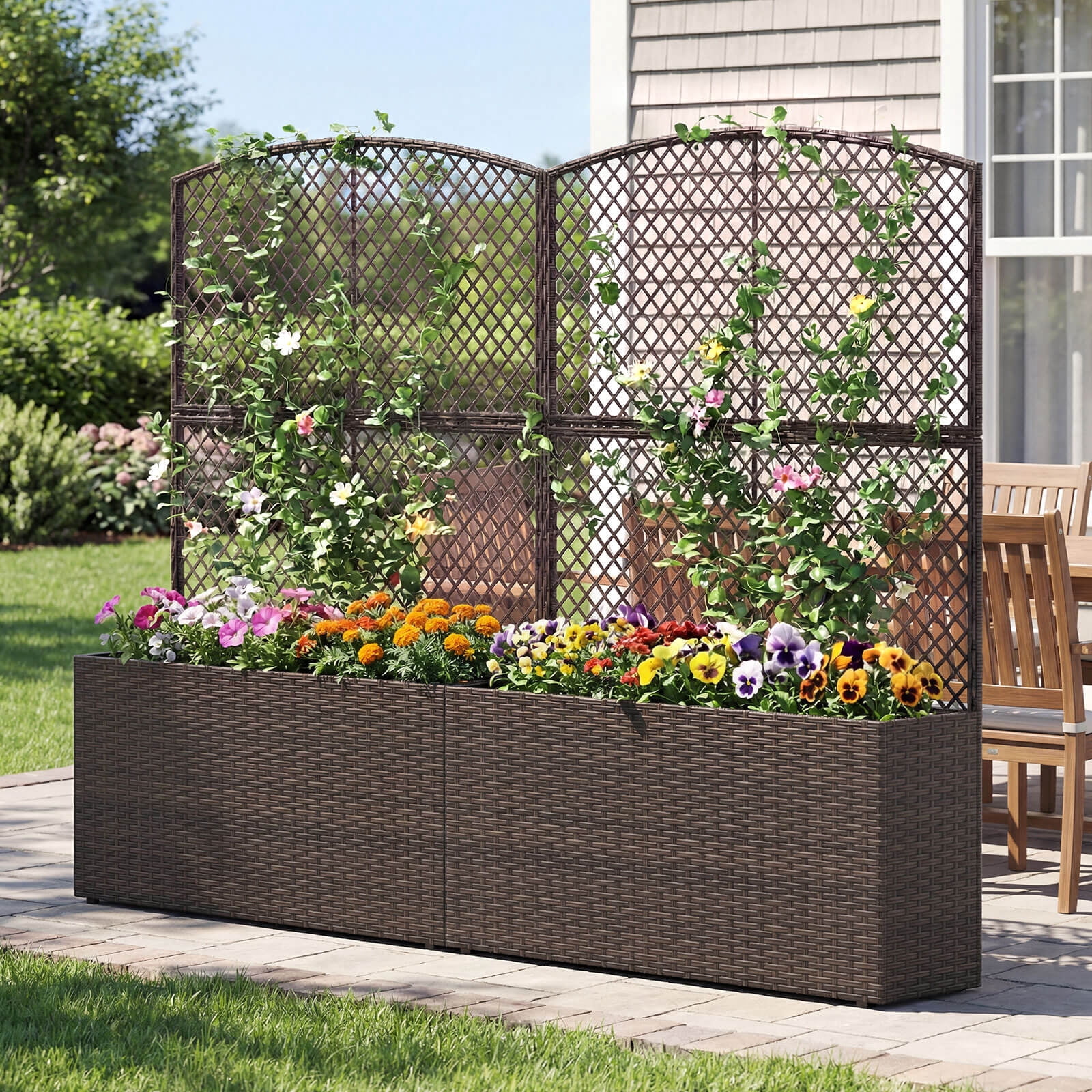 Costway 2 PCS 58” Raised Garden Bed with Trellis, Wicker Planter Box with Privacy Screen Brown