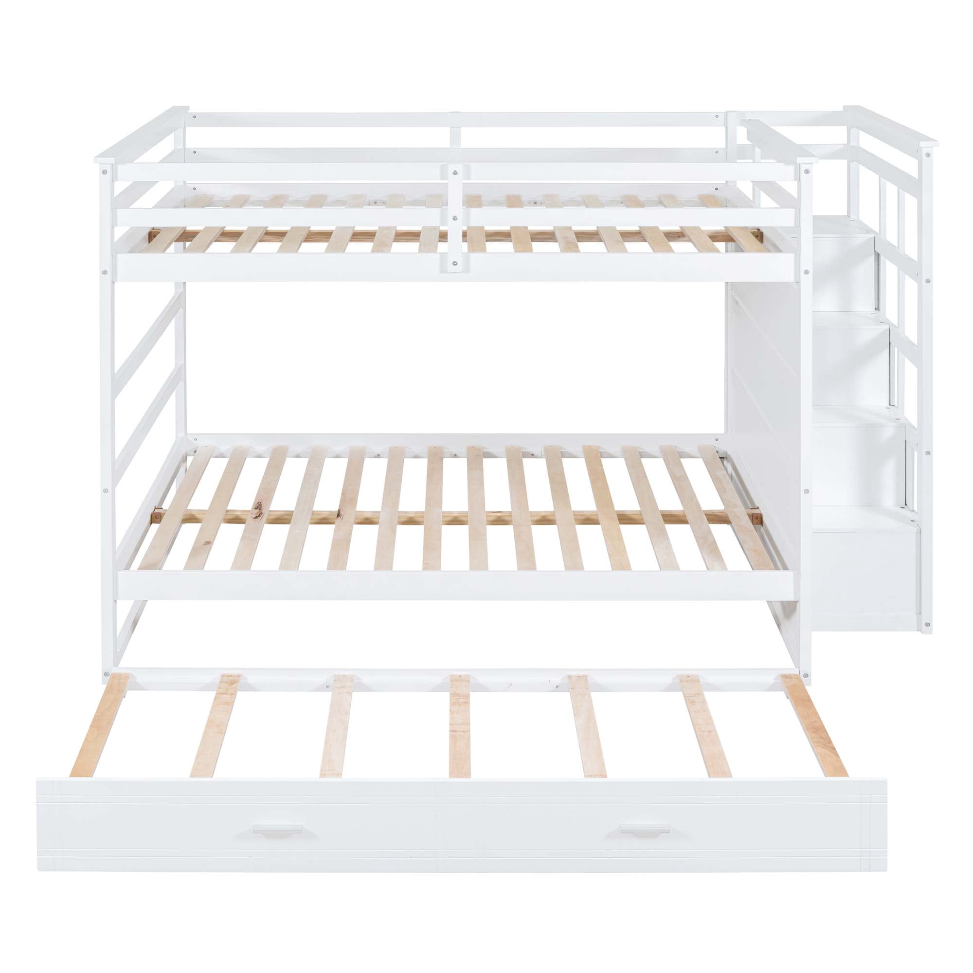 Aukfa Full over Full Bunk Bed with Trundle and Staircase, Wood Bunk Bed with 4 Storage Drawers for Kids, Teens - White