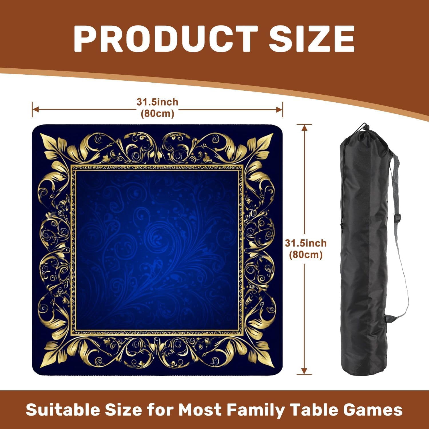 Mahjong Mat 31.5" x 31.5" Elegant Golden Ornate Frame Blue Floral Patterns Non-Slip Noise Reduction Mahjong Tiles Table Cover for Dominoes Poker Card Board and Tile Games Gift