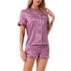 thumbnail image 1 of Conjuntos de pijama para mujer INSPIRE CHIC de manga corta con botones y pantalones cortos, conjuntos de lounge XL a rayas moradas, 1 of 1