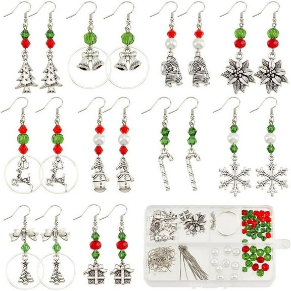 1 Box 10 Sets Christmas Earring Making Kit Winter Charms Bulk Xmas Tree Snowflake Beads for Jewelry Making Kits Adult Beginner Starter DIY Craft Supplies Colorful DIY