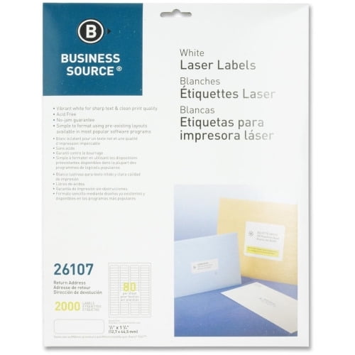 Business Source Address Laser Labels Permanent Adhesive - 0.50' x 1.75' Length - Rectangle - Laser - White - 80 / Sheet - 25 Total Sheets - 2000 / Pack