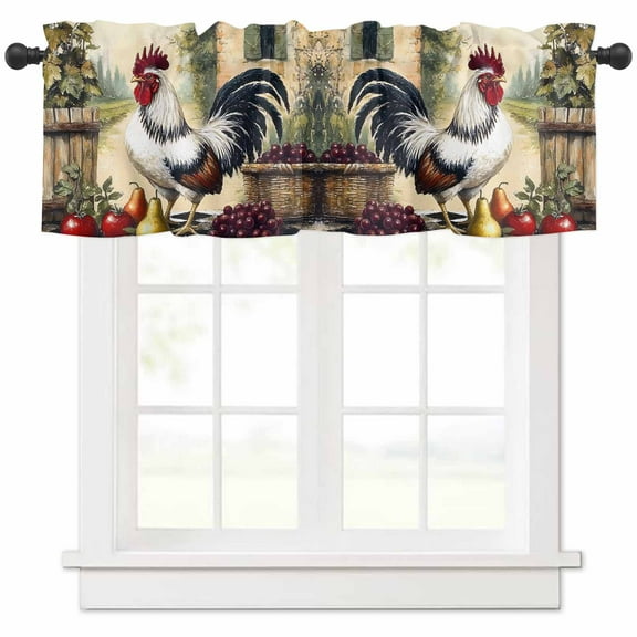 Retro Rooster Valances for Windows Farmhouse Kitchen Curtains Valances Rod Pocket Valance Curtains for Kitchen Windows Pastoral Animals Plaid Window Valances for Bathroom Bedroom 60"x18"