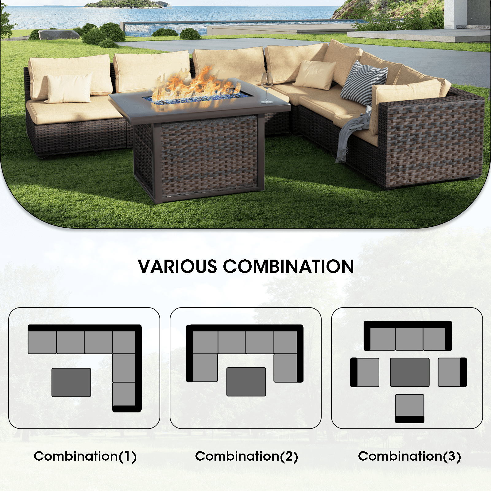 Grezone 7 Piece Patio Furniture Sets on Sale with Fire Pit Table, All Weather Outdoor Sectional PE Rattan, Patio Furniture Sets with Cushions for Garden, Lawn, Backyard,Beige