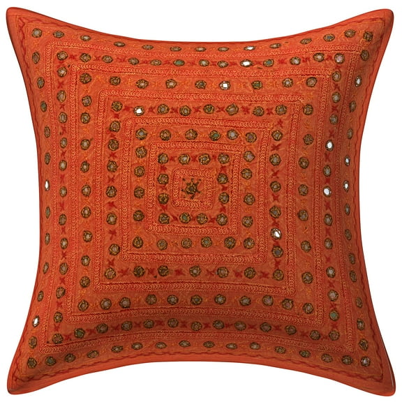 Stylo Culture Ethnic Chair Seat Throw Pillow Cover Boho Embroidered 16x16 Mirrored Orange Bohemian 40x40 cm Bedroom Cotton Geometric Square Cushion Cover | 1 Pc