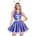 thumbnail image 5 of iiniim Women Alien Cosplay Lapel V Neck Sleeveless A-line Hem Tulle Layers Metallic Dress with Hair Hoop for Role-playing Theme Party Stage Dance Blue 3XL, 5 of 7