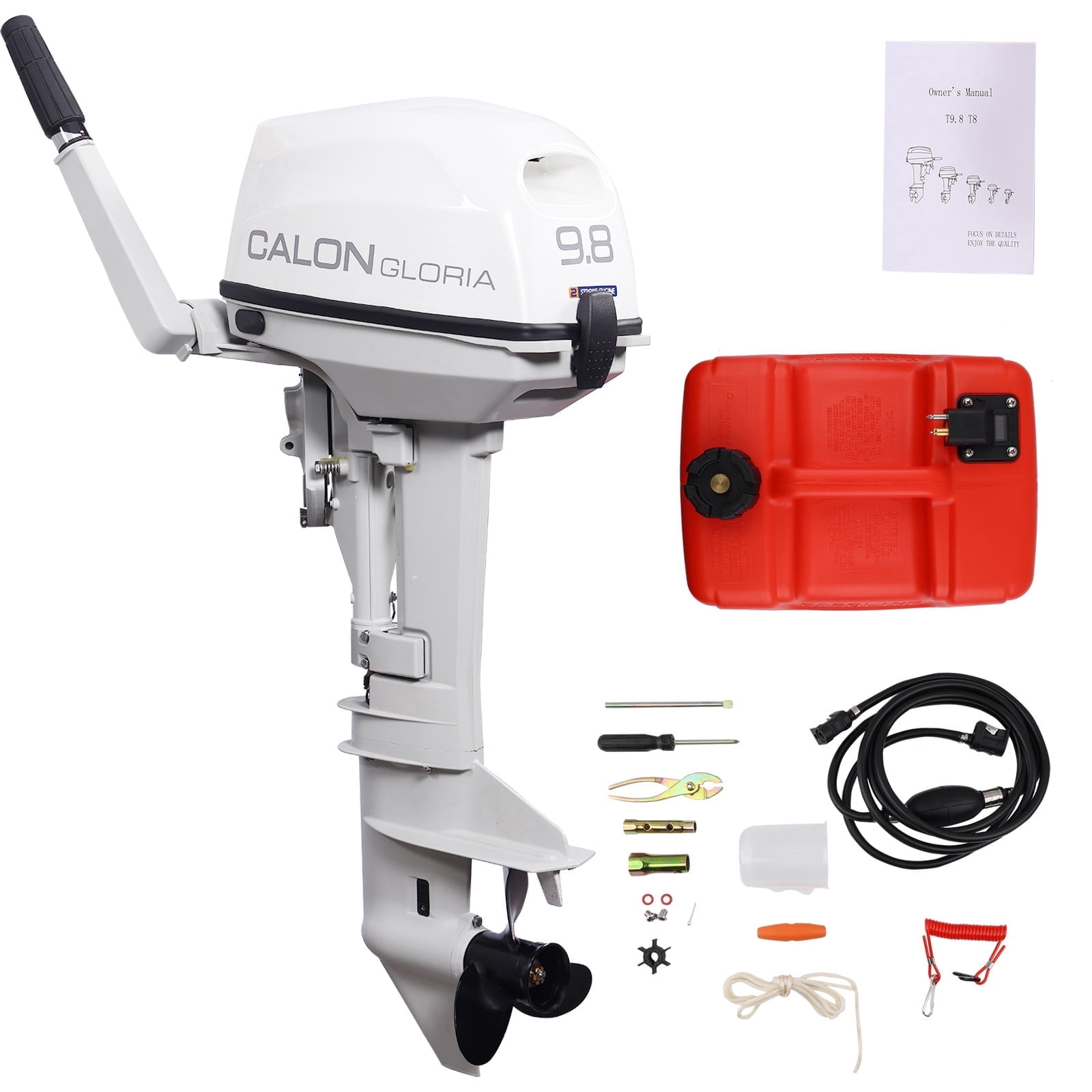CALON T9.8BS 9.8HP 2-Stroke Short Shaft Outboard Motor, 169cc Gas Boat Engine, Tiller Control, Manual Start, F-N-R Shift, 12L Fuel Tank
