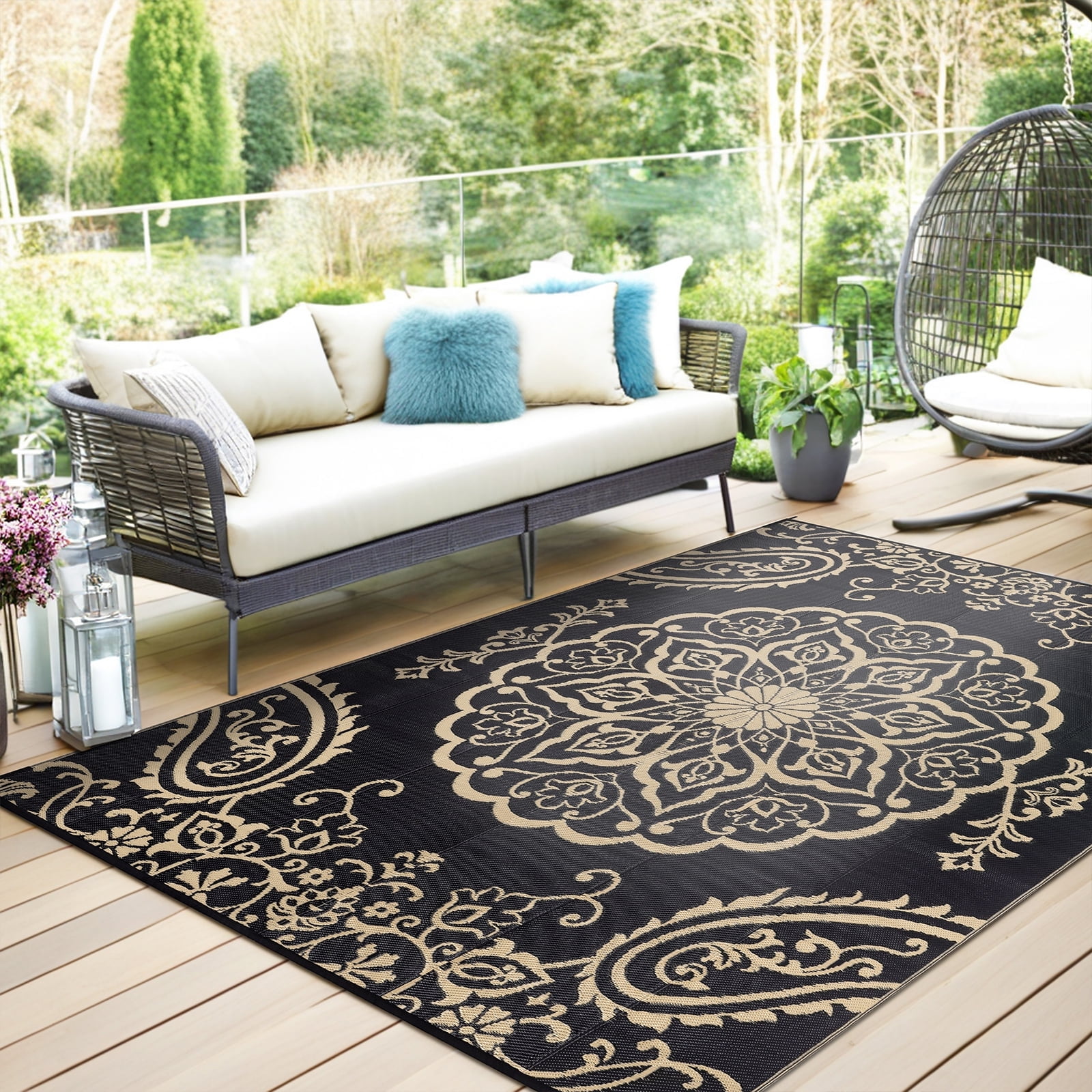 MeyJey Outdoor Rug 6'x9' Reversible Waterproof Area Rug Plastic Mat for RV Patio Camping Black