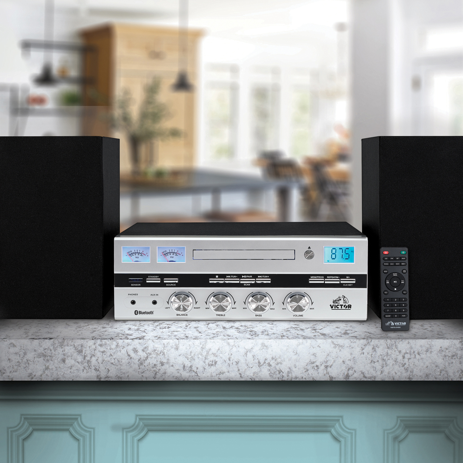 Victor Milwaukee Desktop Home Stereo System with CD Player, FM Radio, Detached Speakers, and Bluetooth