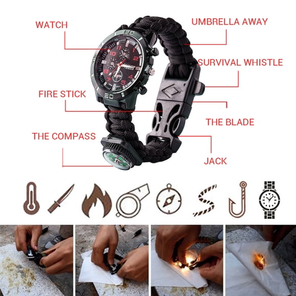 Reloj de supervivencia para acampar al aire libre, pulsera multifuncional, brújula, cuerda, silbato, pulsera Paracord, Kit de herramientas