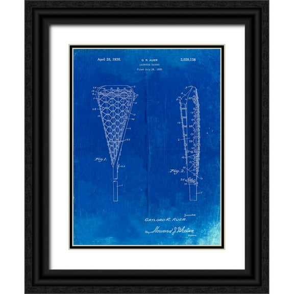 Borders, Cole 12x14 Black Ornate Wood Framed with Double Matting Museum Art Print Titled - PP914-Faded Blueprint Lacrosse Stick 1935 Paten Poster