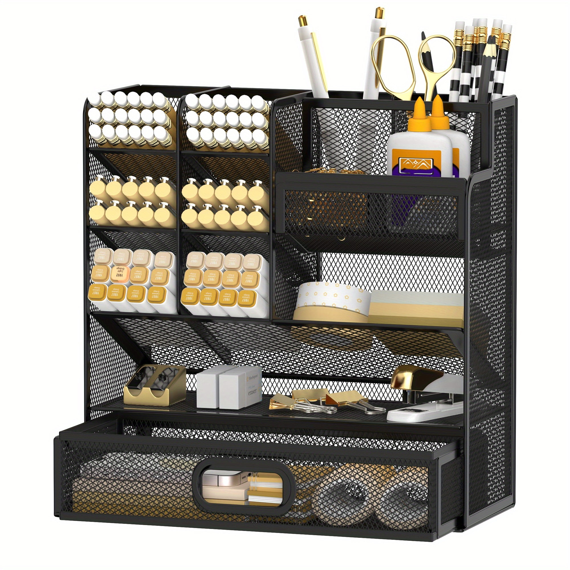 INTIGE Desktop Organizer with Drawer, Multifunctional Mesh Pen Holders and Desk Accessories for Office and Art Supplies
