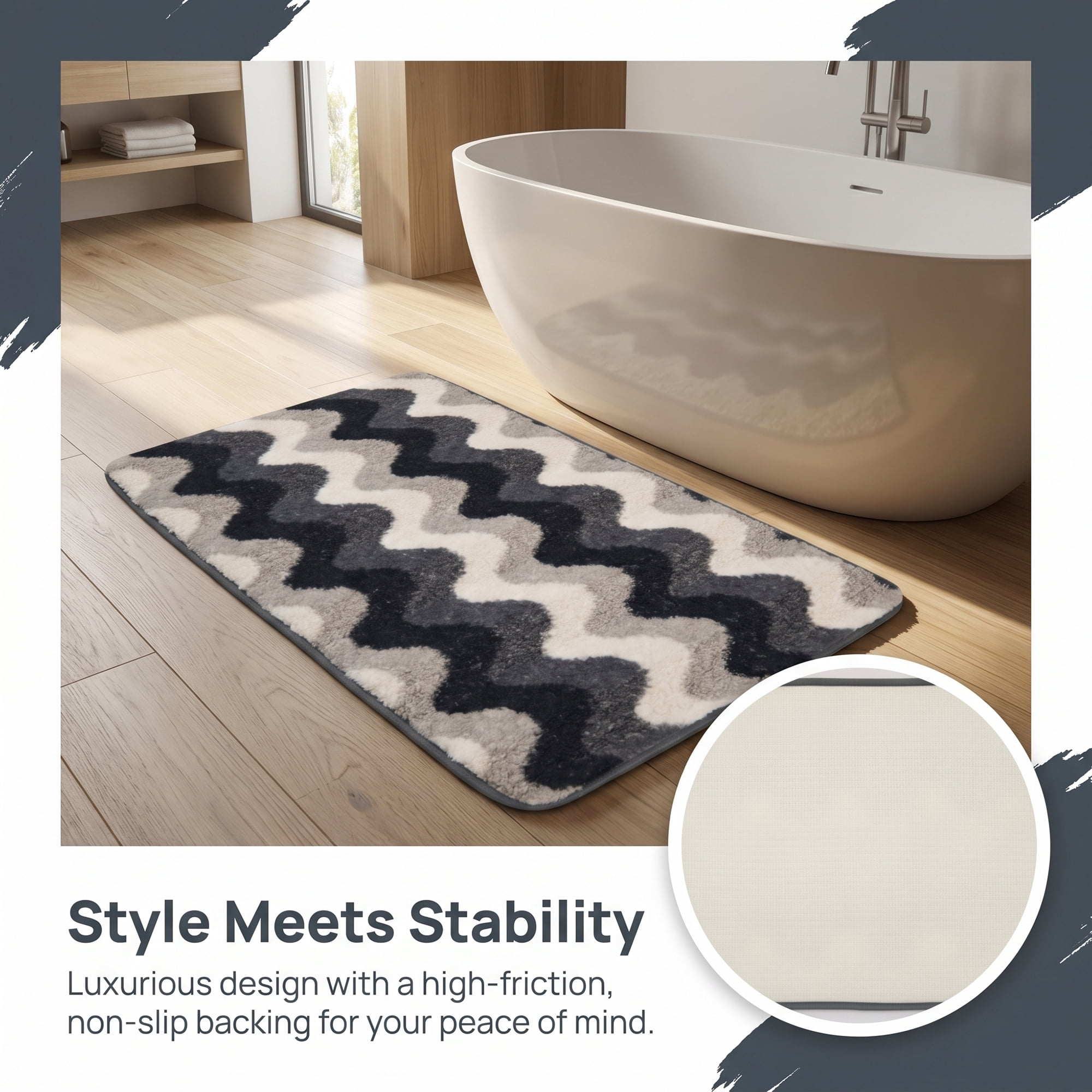 Unique Bargains Absorbent Non-Slip Machine Washable Geometric Bath Mat Black 24" x 16"