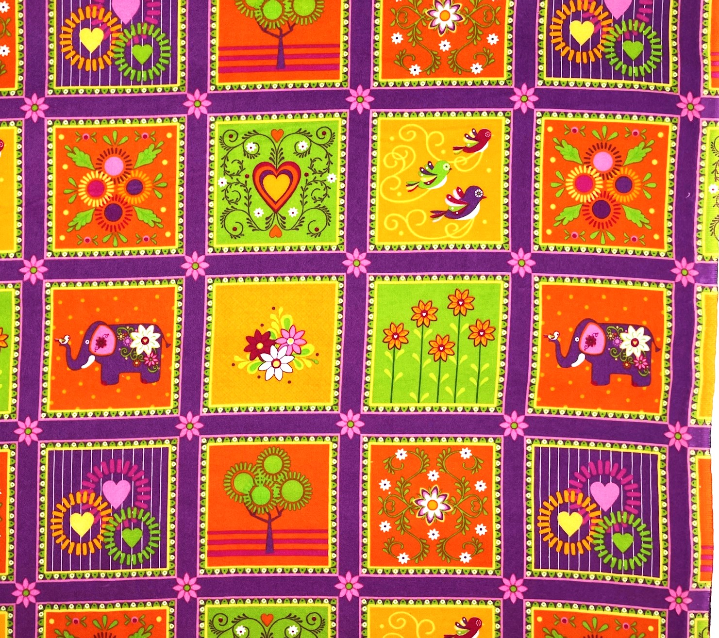 1 Yard - Retro Hearts Flowers & Elephants Block Flannel Cotton Fabric (Great for Sewing, Craft Projects, Throw Pillows & More) 1 Yard X 44" Wide