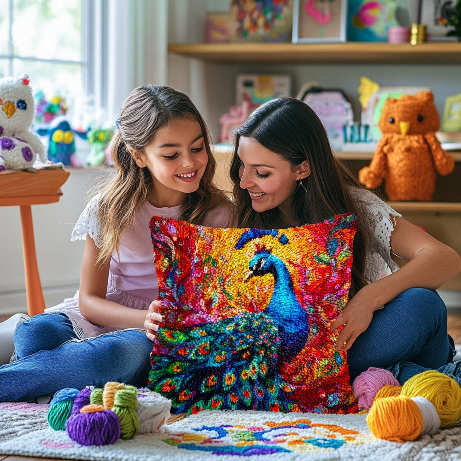 Colorful Peacock DIY Latch Hook Pillow Kits for Adults Printed Pillowcase Crochet Yarns Hooking Handmade Pillow Cover Cushion for Home Sofa Decoration 17x17inch