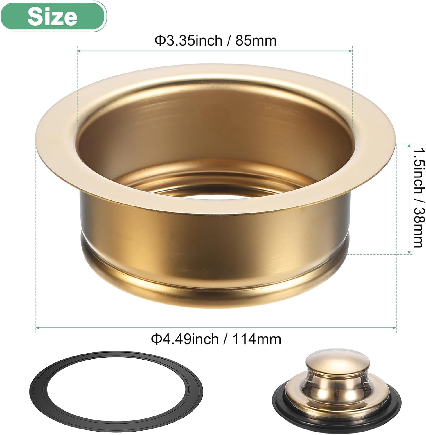 2-Pack Garbage Disposal Sink Flange - Kitchen Sink Replacement Parts, Universal Fit for 3-1/2 Inch Standard Drain Hole, Solid Metal with PVD Gold Finish, Includes Rubber Stoppers  P