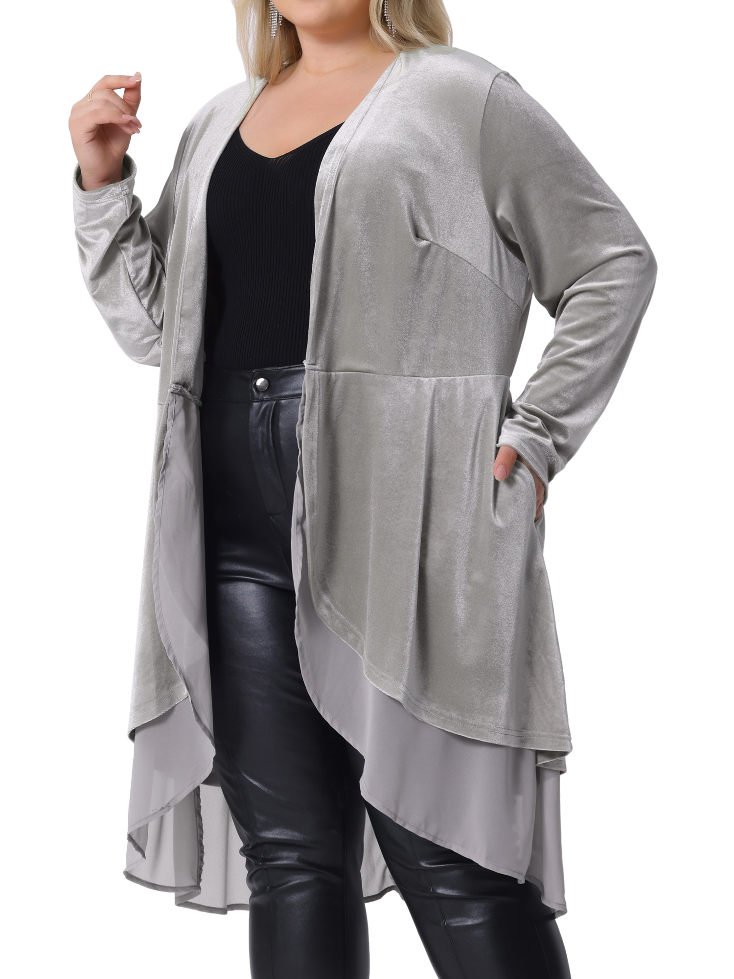 DARING DIVA Women's Plus Size Ruffled Asymmetric Open Front Velvet Jackets 3X Silver