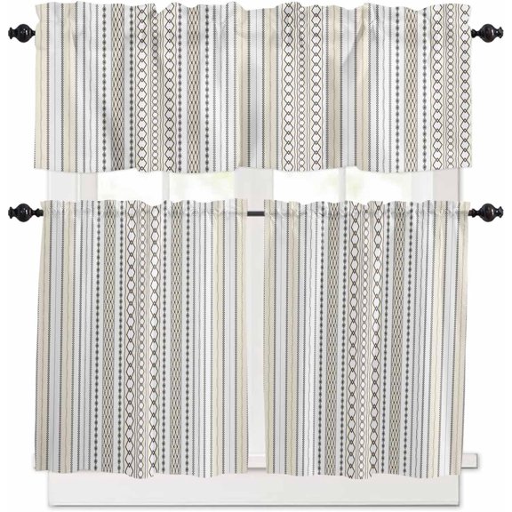 Boho Yellow Kitchen Curtains and Valances Set, Rod Pocket Curtains Tier Farmhouse Window Curtains 36 Inch Length, Abstract Stripes Geometric Plaids Dots Retro 3 Piece Kitchen Curtains Set