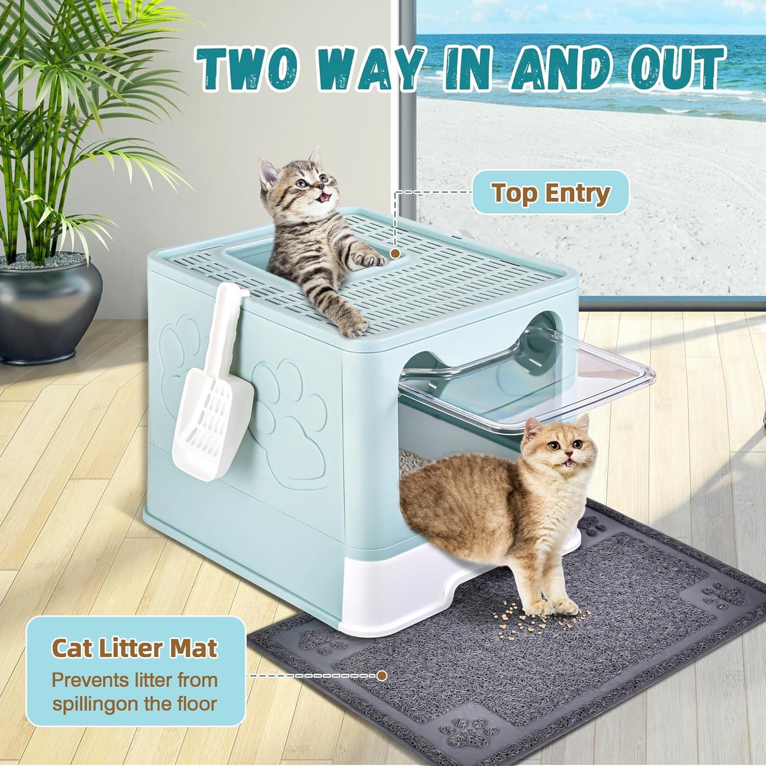Enclosed Cat Litter Box with Lid Foldable Potty,Drawer Type Extra Large Cover Litter Box with Mat, Kitty Free in and Out/One-Way,Odor Control Anti-Splashing Easy Cleaning (Blue)