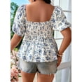 thumbnail image 3 of Women'S Floral Blouse Boho Shirred Square Neck Puff Short Sleeve Vacation Shirt Peplum Tops Blue on White XXL, 3 of 6