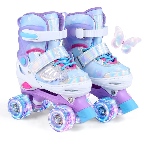 Babyjoy Kids Roller Skates 4 Sizes Adjustable Quad Skates with Light-up Wheels for Ages 5-7 Blue