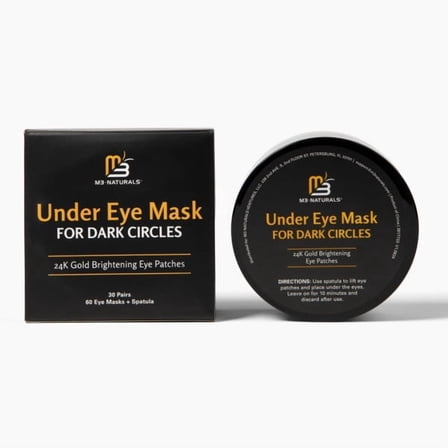 24K Gold Under Eye Masks for Dark Circles by M3, Brightening Eye Patches for Puffiness, Wrinkles & Fine Lines, 60 Patches   Spatula