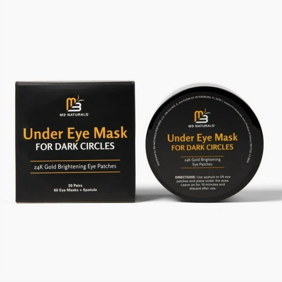 24K Gold Under Eye Masks for Dark Circles by M3, Brightening Eye Patches for Puffiness, Wrinkles & Fine Lines, 60 Patches   Spatula