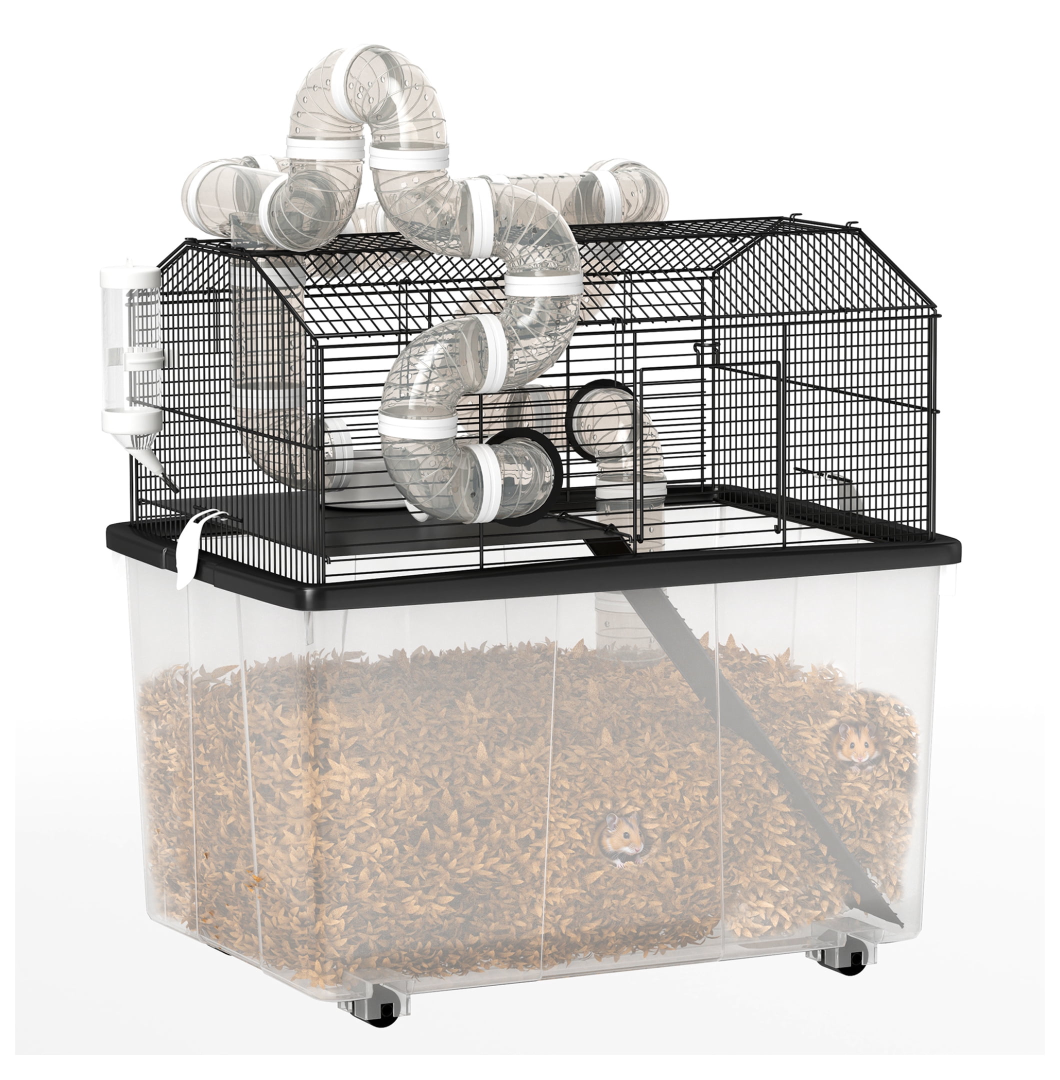 Hamster Cage 2 Tier with Tube System, 23x17x22", Deep Tray, Water Bottle, Ramp, Black