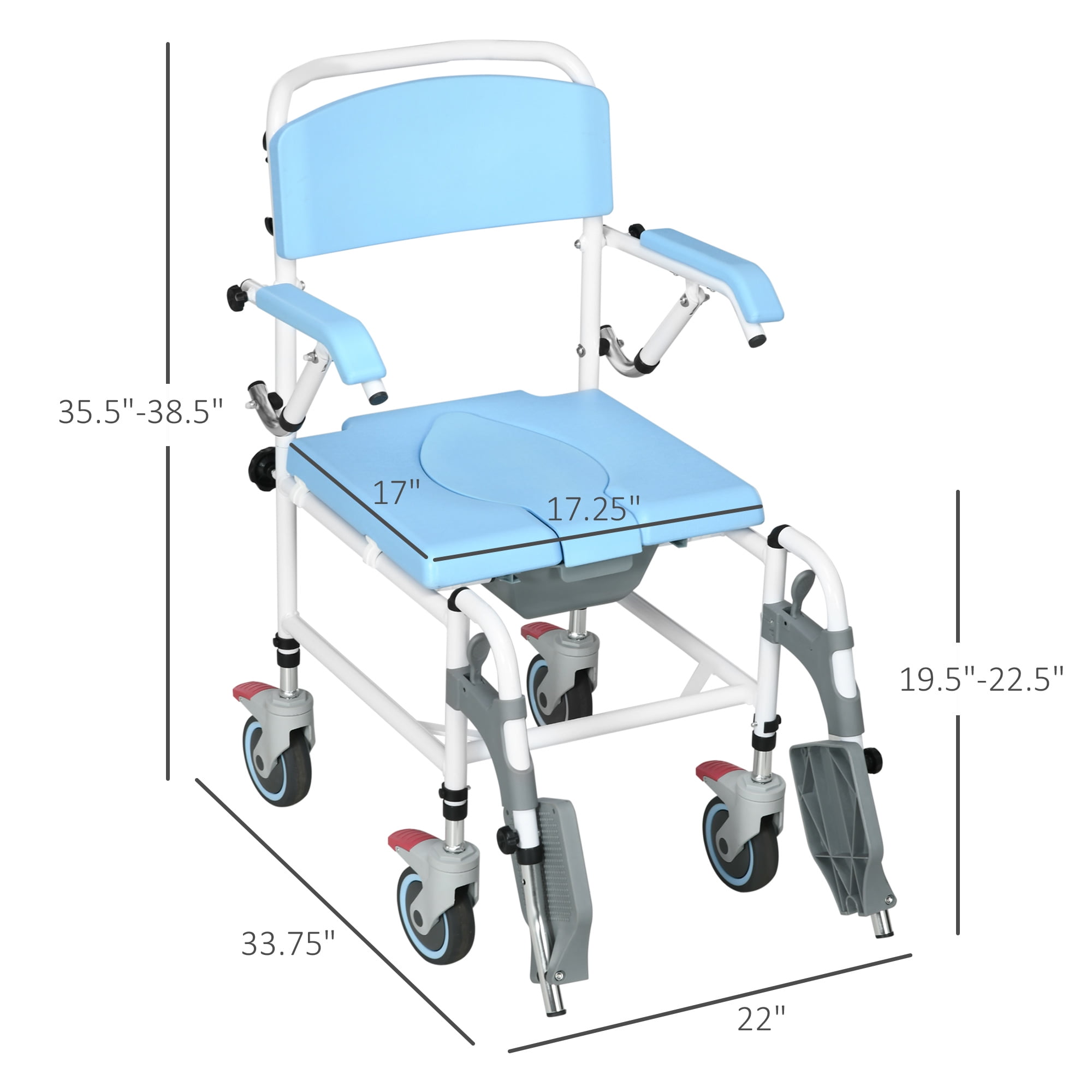 HomCom Accessibility Commode Wheelchair with 4 Castor Wheels, Blue