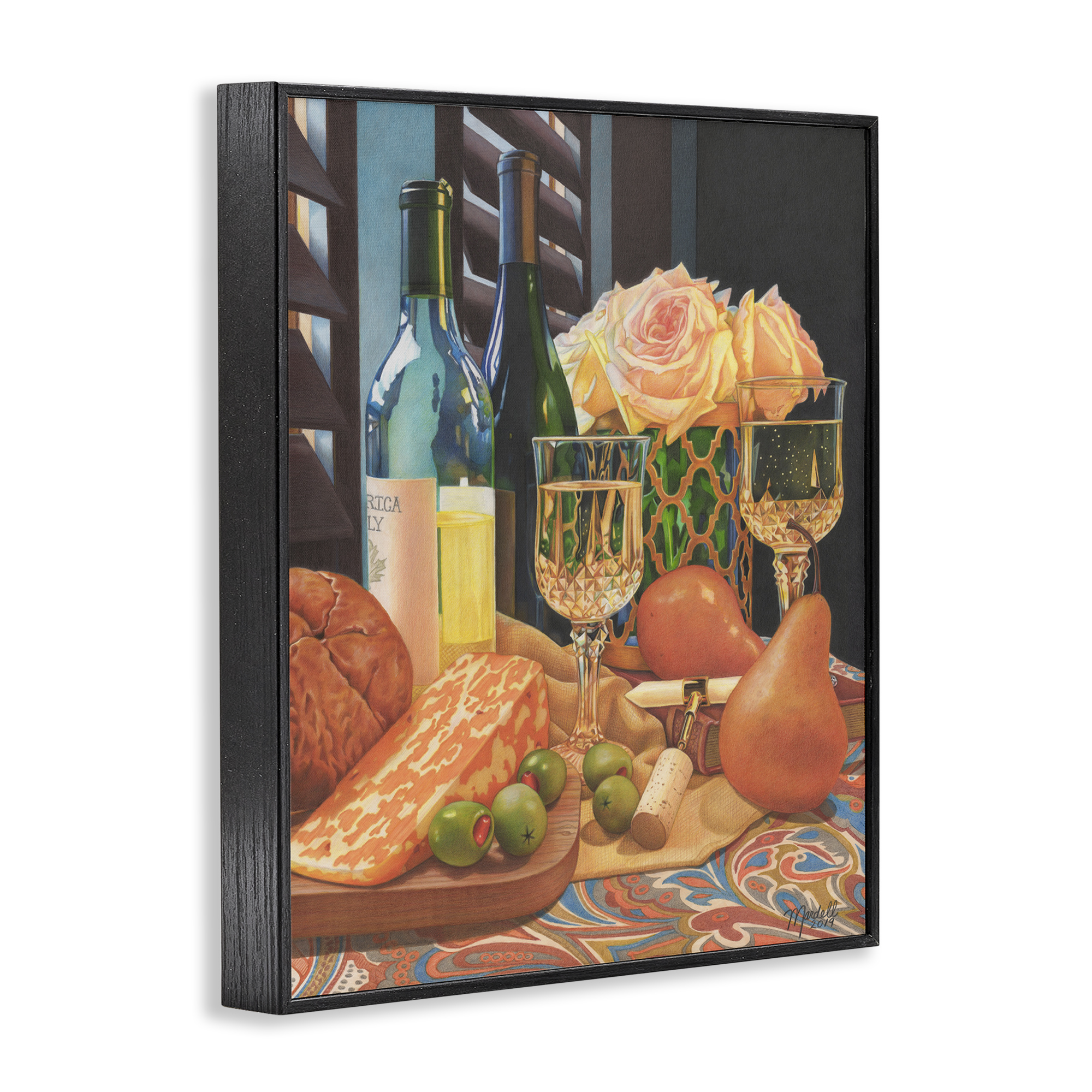 Stupell Industries Romantic Wine & Cheese Food & Beverage Painting Black Framed Art Print Wall Art, 24 x 30