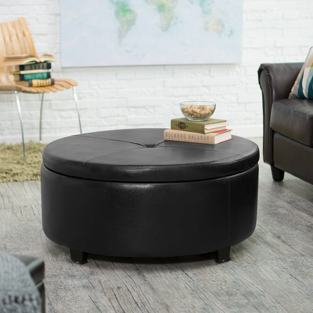 Walnew Large Round Storage Ottoman, Black Leather Ottoman Table