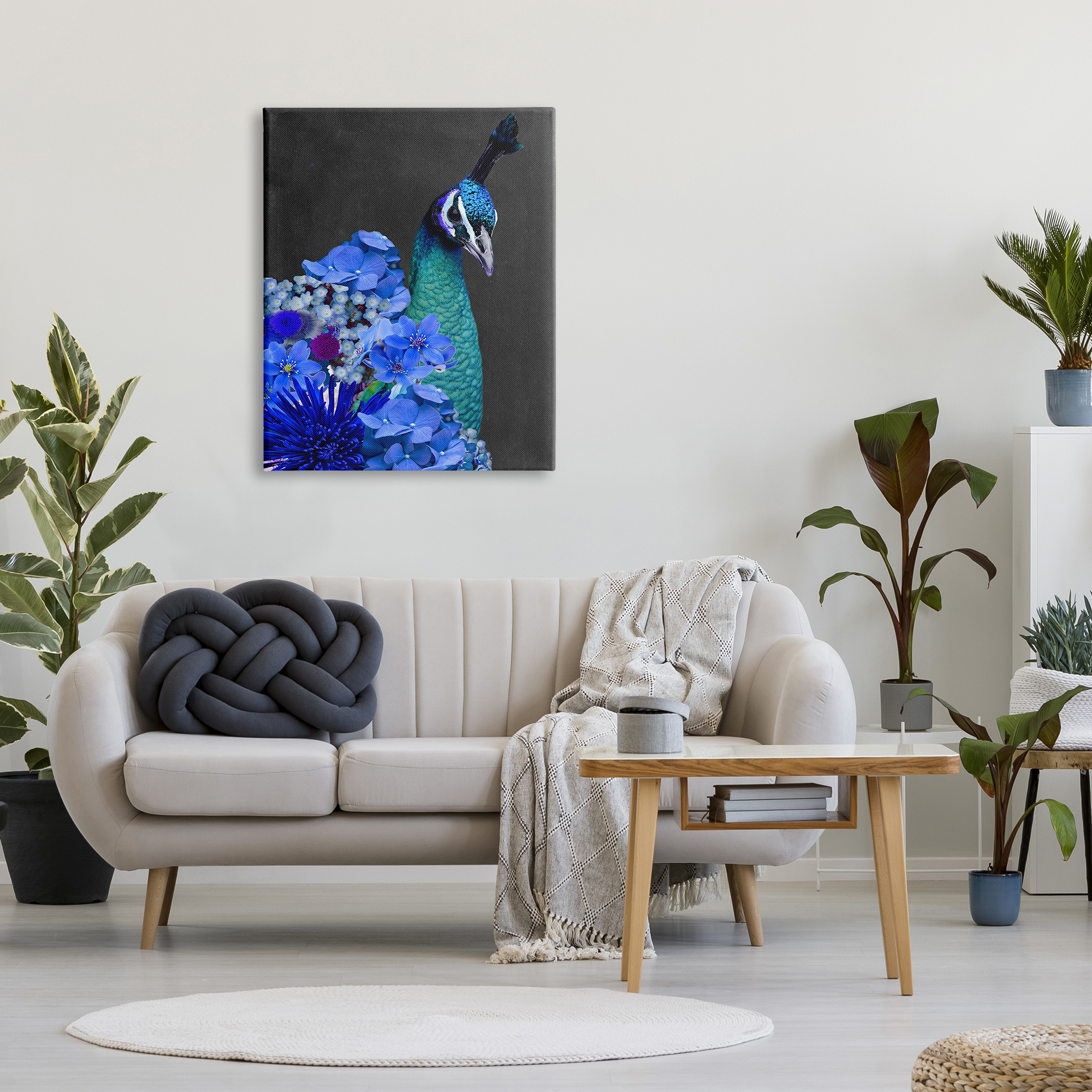 Stupell Industries Peacock with Blue Flowers Animals & Insects Painting Gallery Wrapped Canvas Art Print Wall Art, 30 x 40