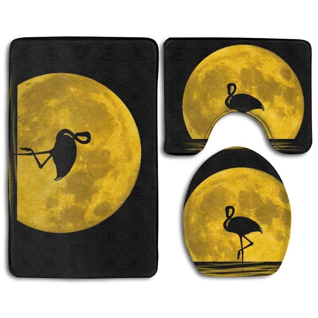 ABPHQTO Night Flamingo eeps a la luz de la luna Juego de alfombras de baño de 3 piezas Alfombra de baño Alfombra de contorno y tapa de inodoro