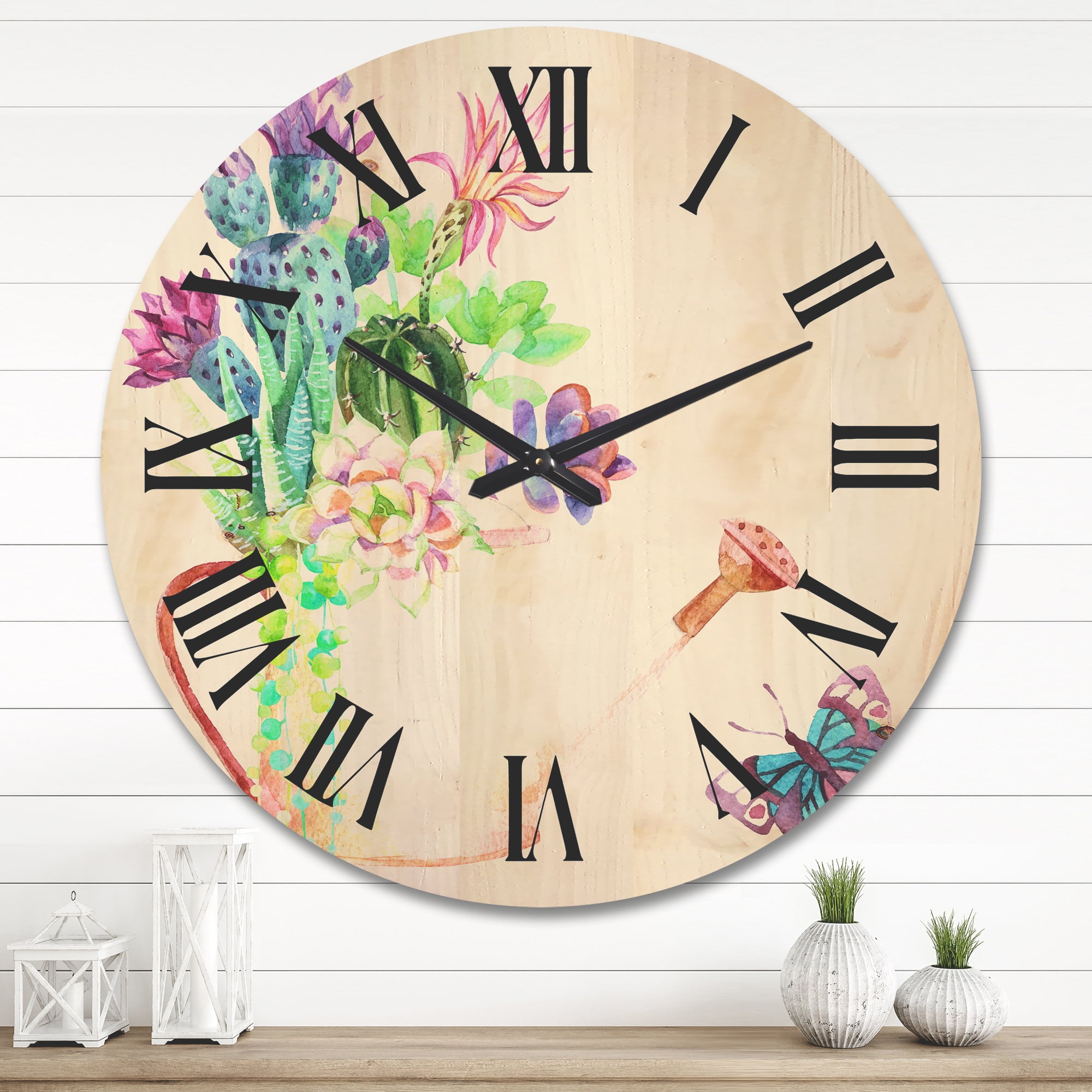 Designart 'Succulents In Old Watering Can With Butterfly' Farmhouse Wood Wall Clock