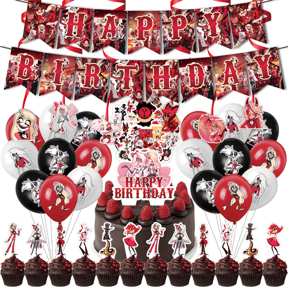 88PCS For Hazbin Hotel Theme Birthday Party Decorations,Party Supply Set for Kids with 1 Happy Birthday Banner Garland,50 Stickers,6 Spiral ornament,18 Balloons,13 Cupcake Toppers