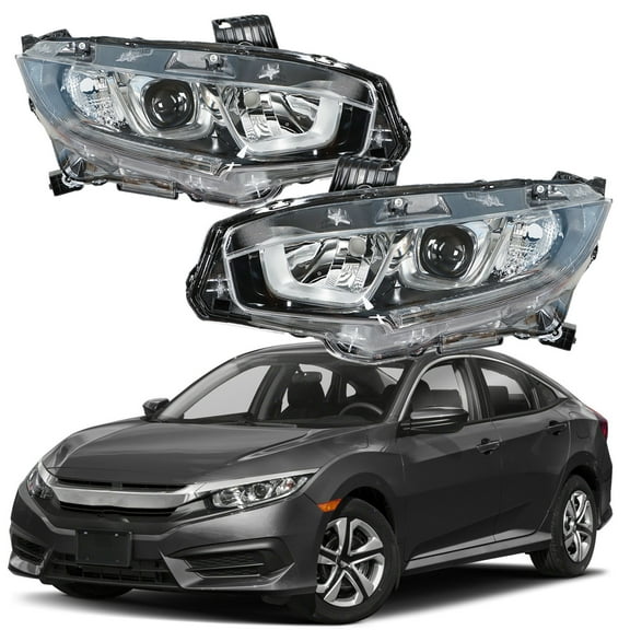 Genrics Halogen Headlight For 2016-2018 Honda Civic Driver&Passenger Side Chrome Housing