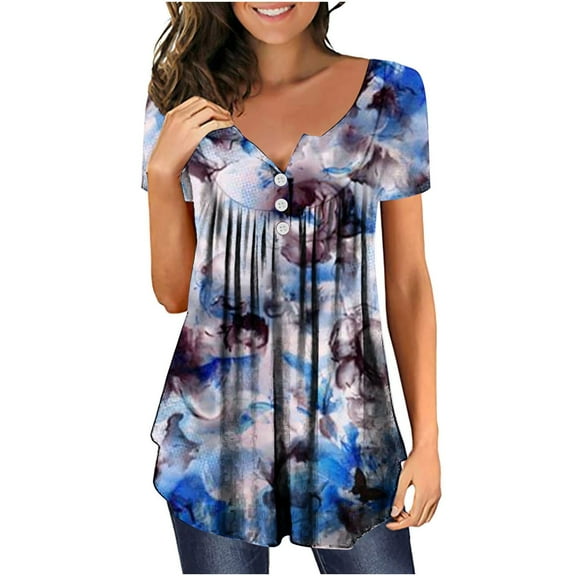 DailyTrove Women's Butterfly Print V-Neck Tunic - Short Sleeve Casual Top, Whimsical for Garden & Outings