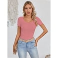 thumbnail image 3 of Womens Tops Summer Square Neck Short Sleeve Shirts Ribbed Knit Slim Fitted Tshirt Casual Tees Clothing, 3 of 5