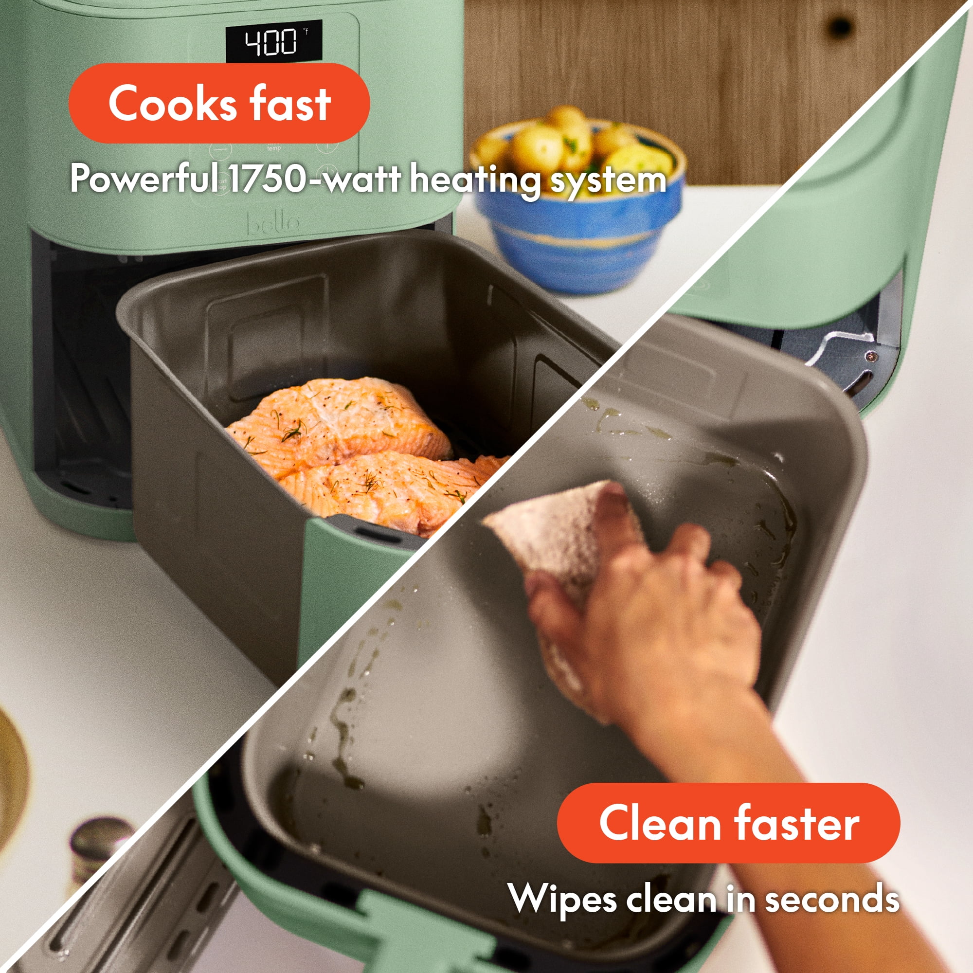 bella 6 Qt Slim Digital Air Fryer with EverGood™ Ceramic Nonstick Coating, 6 Preset Cooking Options, Seaglass