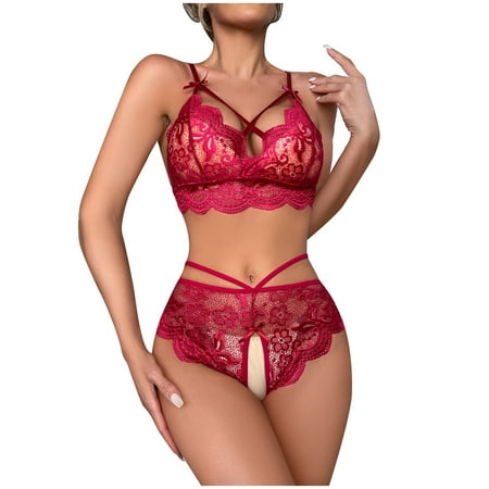 

Rdeuod Valentines Lingerie for Women Ladies Fashion Sexy Lingerie Fishnets Lace Flowers Hollow Sexy Halter Neck Mesh Thong Suit