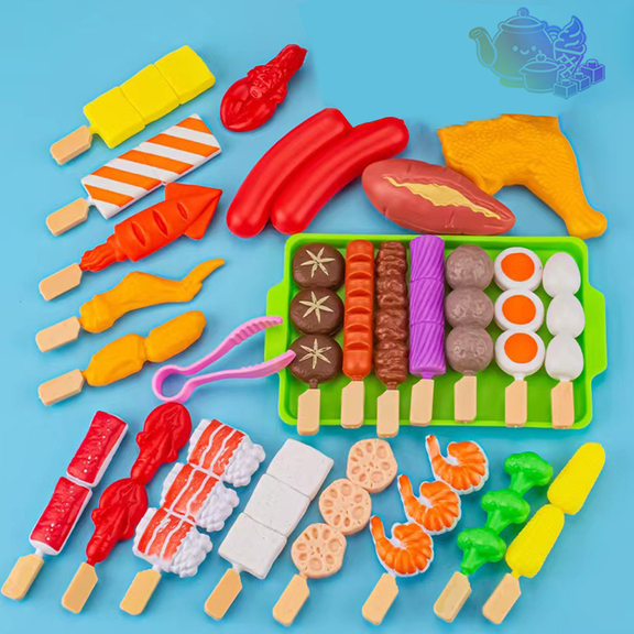Pretend BBQ Grill Play Food Set, Simulation Barbecue Skewer Toy with Assorted Play Food and Seasoning Bottles, Kitchen Pretend Play House Toys, Cooking Role Play Toy for Kids Ages 3 and Up