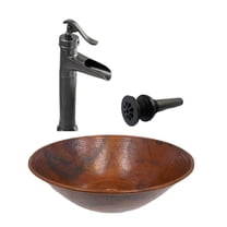 14" Round Natural Copper Vessel Bath Sink with Pump Style Faucet & Drain