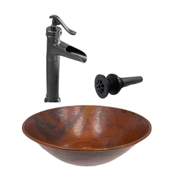 14" Round Natural Copper Vessel Bath Sink with Pump Style Faucet & Drain