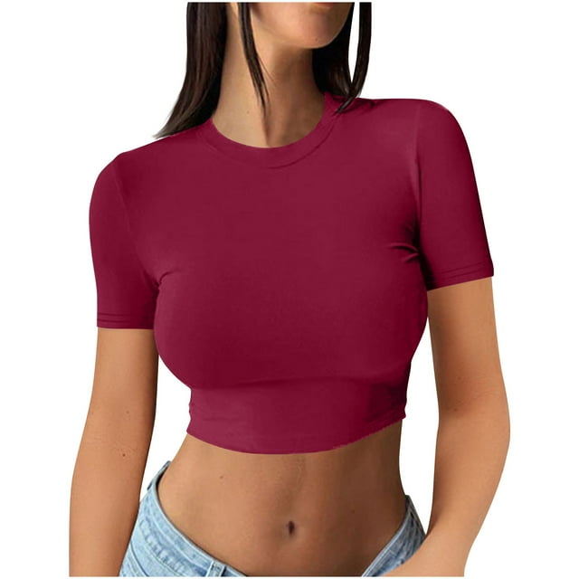 Besolor Hauts Courts pour Femmes Été Basique Ajusté Manches Courtes Col Rond T-Shirts Adolescentes Sorties Blouse T-Shirts
