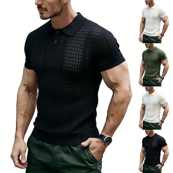 Men's Hollow Out Knit Polo Sweater, Breathable Short Sleeve Casual Shirt Top for Summer Business and Daily Wear, Sizes S-2XL White