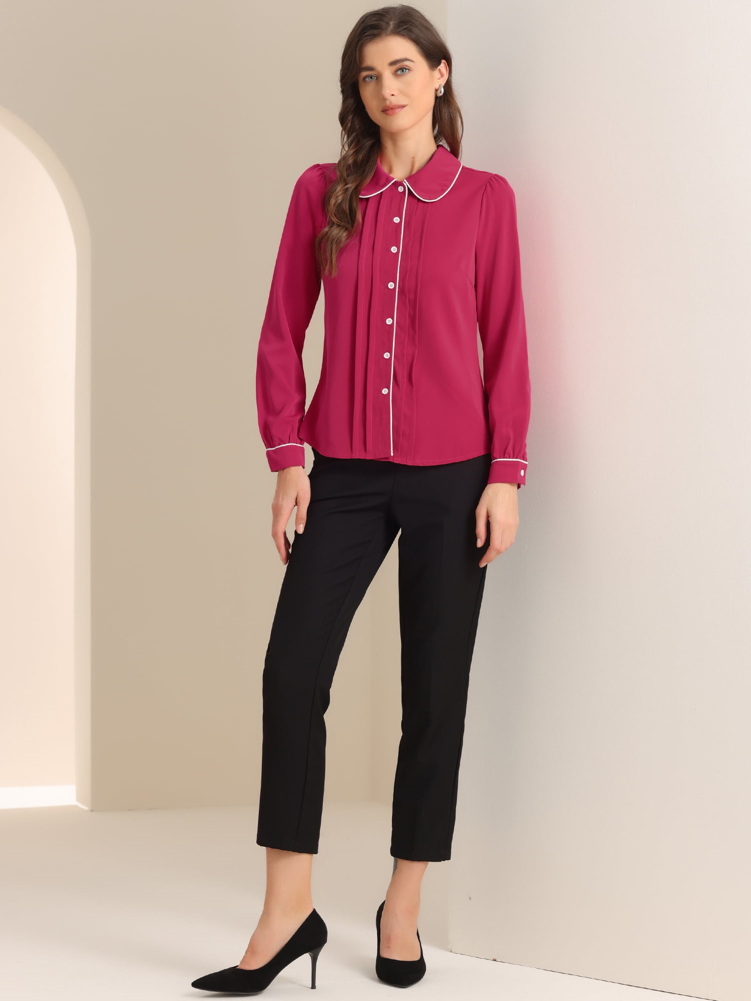 DARING DIVA Women's Peter Pan Collar Shirt Puff Sleeve Blouse Tops M Fushcia