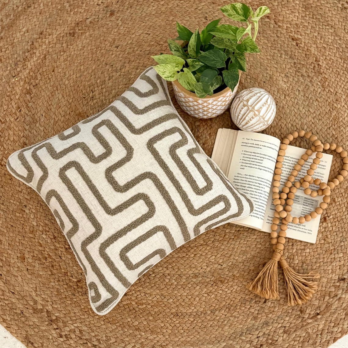 Boucle Embroidery Olive Green Decorative Throw Cushion Cover 65x65 cm Set of 2 Contemporary Linen Pillow Cover Geometric | Textured, Tufted, Maze Pillowcases for Couch, Sofa & Bed - Earth Maze